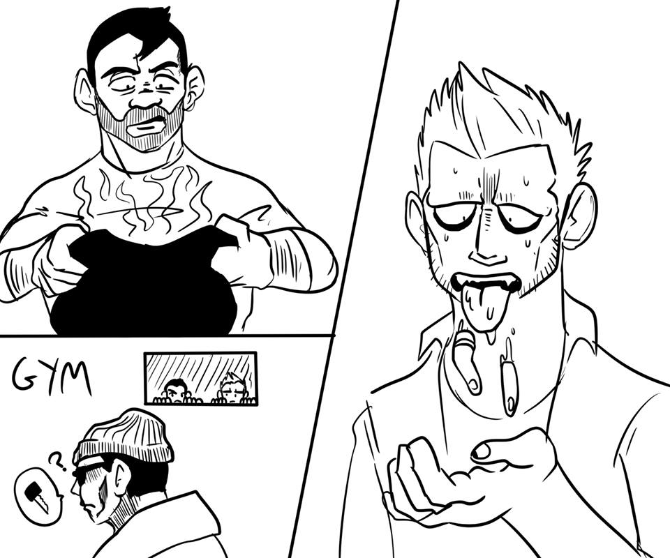 Panel 1: A large man opens a bag and is unsettled by the contents.
Panel 2: The man from panel 1 and another man hide in a gym from a third man who is looking for keys.
Panel 3: The second man from Panel 2 spits out human fingers.