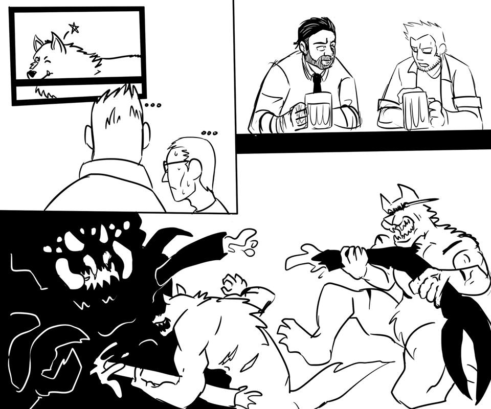 PANEL 1: Two men look uncertainly toward a wolf that is winking at them through a window.
PANEL 2: Two men talking while drinking.
PANEL 3: Two werewolves fihting with an arachnid monster.